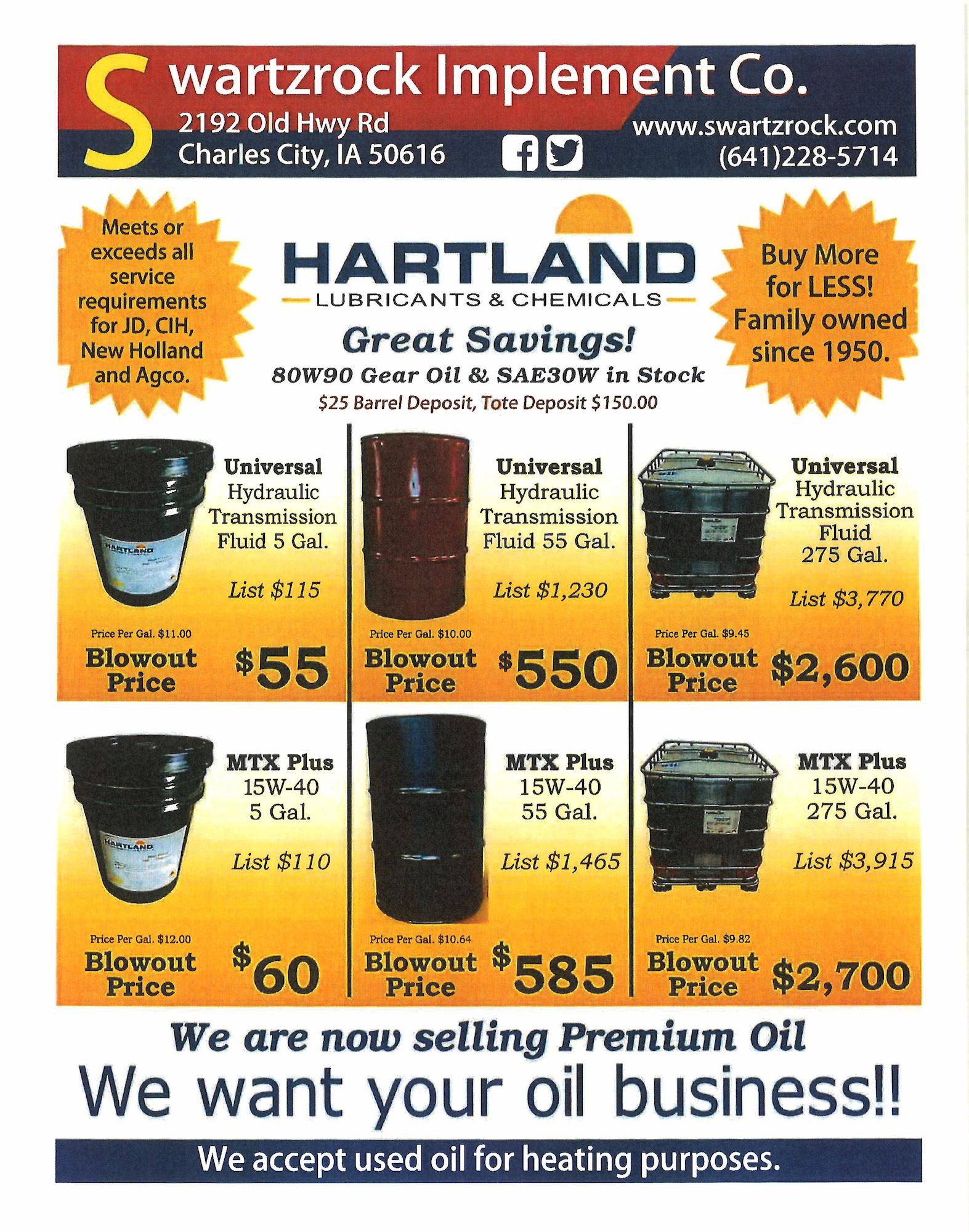 Hartland Lubricants and Chemicals oil sale flyer from Swartzrock Implement Co. featuring discounted hydraulic and transmission oils in 5, 55, and 275 gallon sizes.