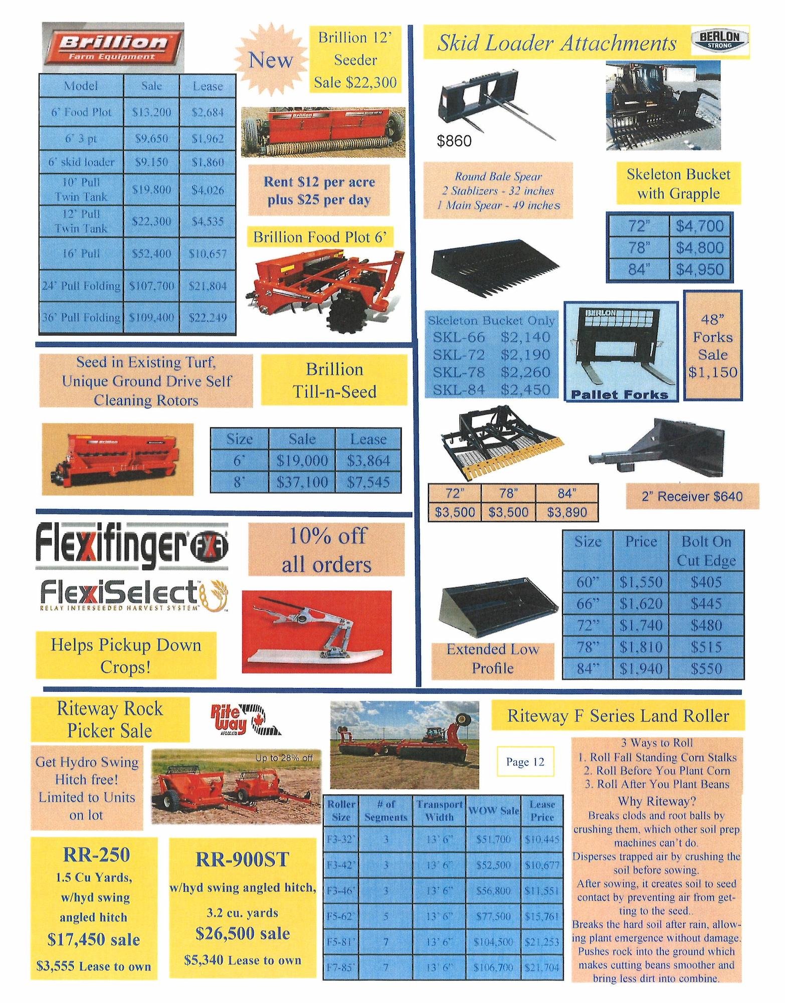 Agricultural equipment and attachment sales flyer featuring Brillion food plots, Till‑N‑Seed systems, Flexi‑Finger FX and FlexiSelect harrows, Riteway rock pickers and land rollers, skid loader attachments including pallet forks, skeleton buckets, extended low‑profile buckets, bolt‑on cutting edges, rent‑per‑acre seeding options, and lease pricing tables for seeding and residue management equipment.
