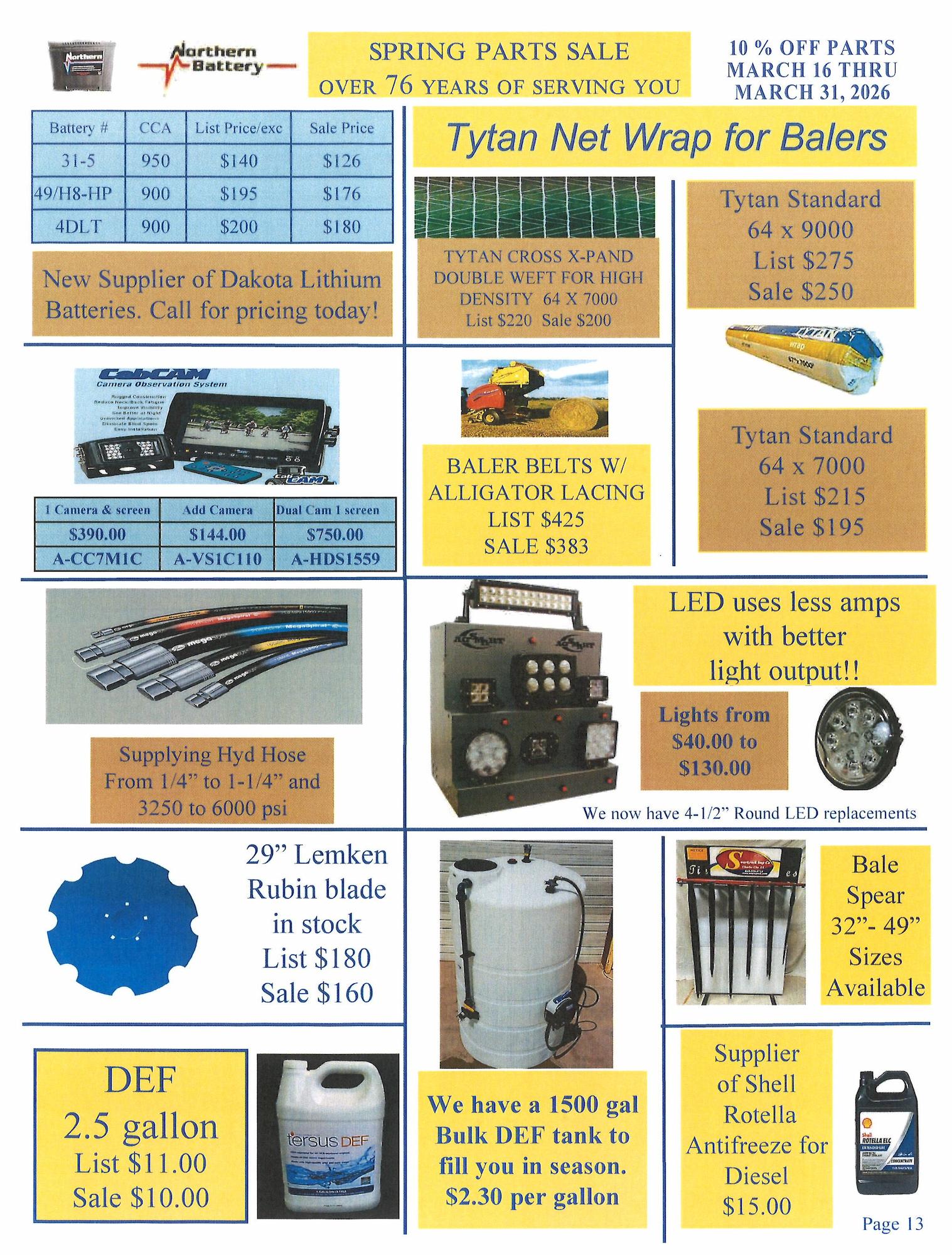 Agricultural parts and supplies sales flyer featuring Tytan net wrap for balers, baler belts with alligator lacing, Northern Battery lineup including Dakota lithium options, LED work lights, camera systems, hydraulic hoses and fittings, Lemken Rubin blades, DEF fluid, bulk DEF tank service, bale spears, antifreeze, and spring parts sale pricing.