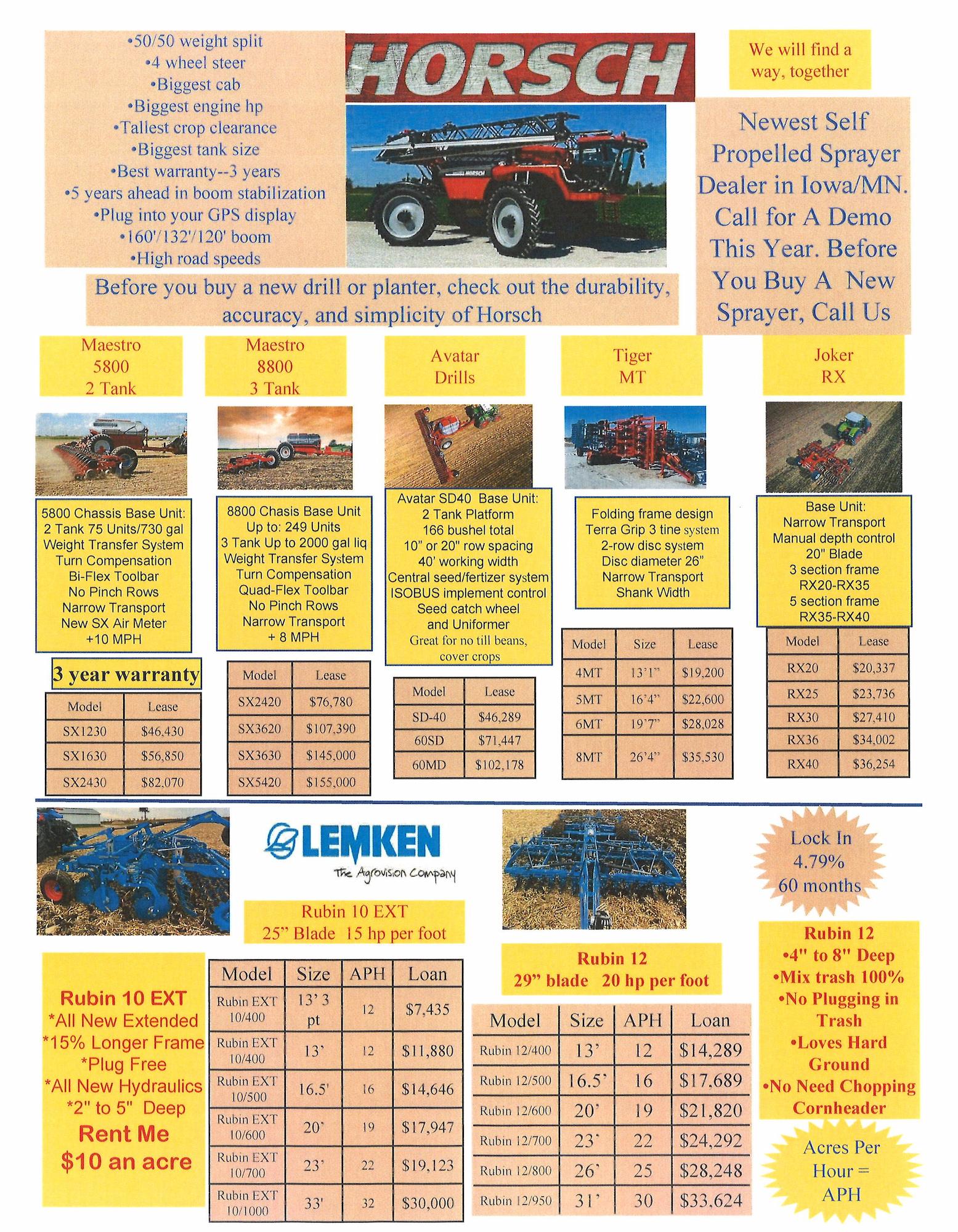 Horsch and Lemken agricultural equipment sales flyer featuring Maestro precision planters, Avatar drills, Tiger MT cultivator, Joker RX vertical tillage, Lemken Rubin 10 EX and Rubin 12 disc harrows, self‑propelled sprayer announcement, chassis and base unit configurations, lease pricing tables, horsepower ratings, working widths, and spring purchasing incentives.