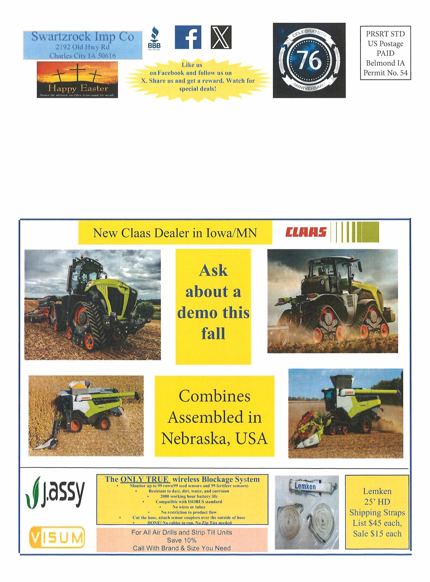 Agricultural dealership promotional flyer announcing new CLAAS dealer representation in Iowa and Minnesota, featuring CLAAS tractors and combines assembled in Nebraska, demo availability messaging, Jass wireless blockage monitoring system, VISUM grain monitoring solutions, Lemken HD shiplap discs, social media and contact information, and seasonal dealer announcements.