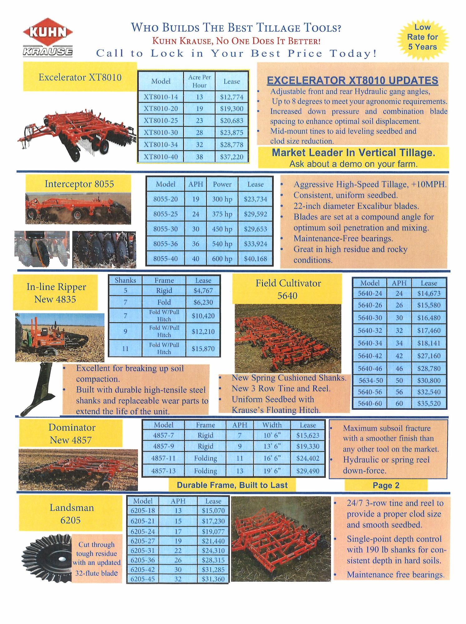 Kuhn Krause tillage equipment sales flyer showing Excelerator XT8010 vertical tillage tool, Interceptor 8055, In‑line Ripper 4835, Dominator 4857, Landsman 6205, and Field Cultivator 5640 with model numbers, specifications, leasing prices, and feature highlights.