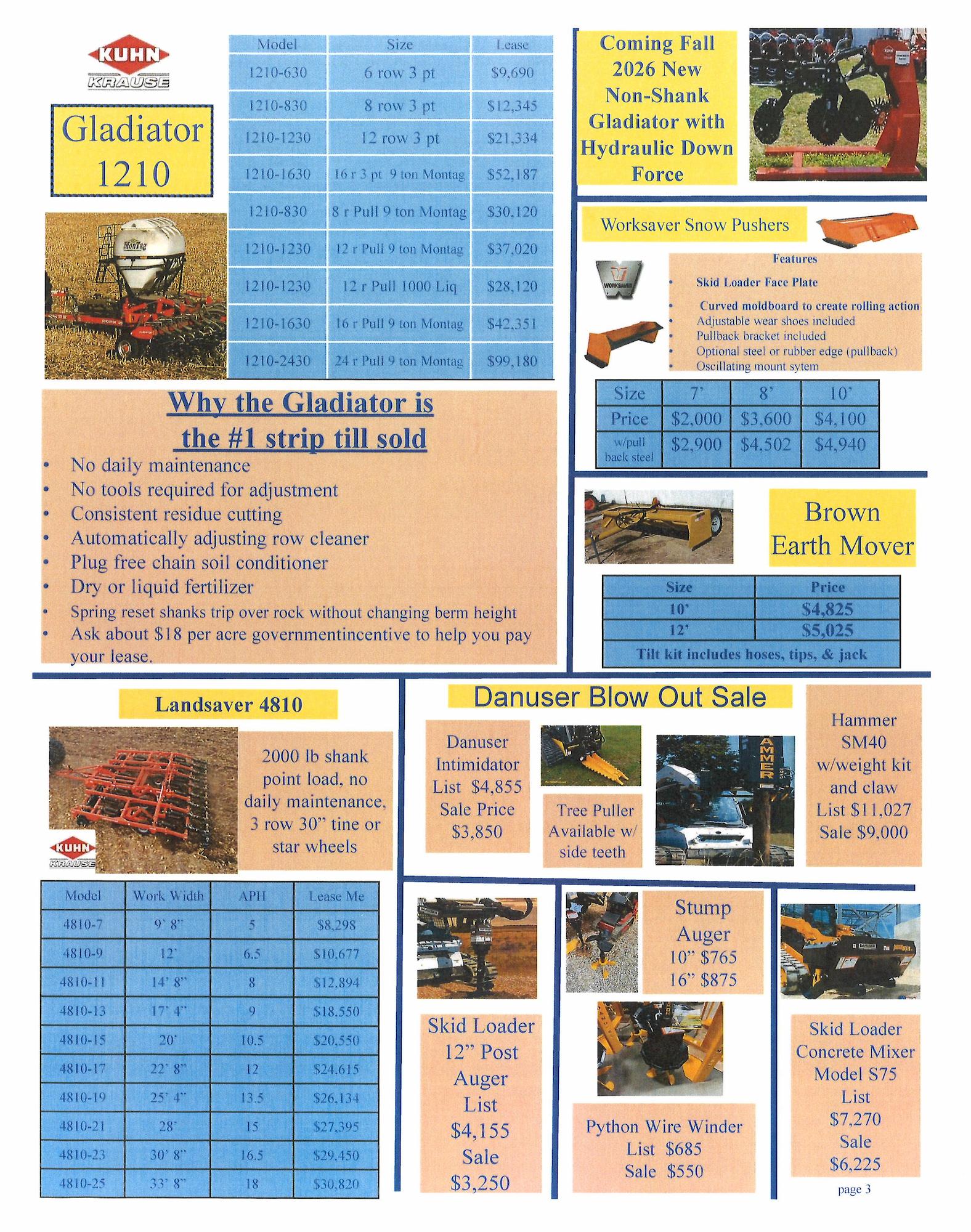 Kuhn Krause equipment sales flyer featuring Gladiator 1210 strip‑till unit with model sizes and pricing, Landsaver 4810, Worksaver snow pushers, Brown earth mover, Danuser blowout sale items, skid loader attachments, stump augers, concrete mixer, and upcoming no‑shank Gladiator hydraulic down‑force announcement.