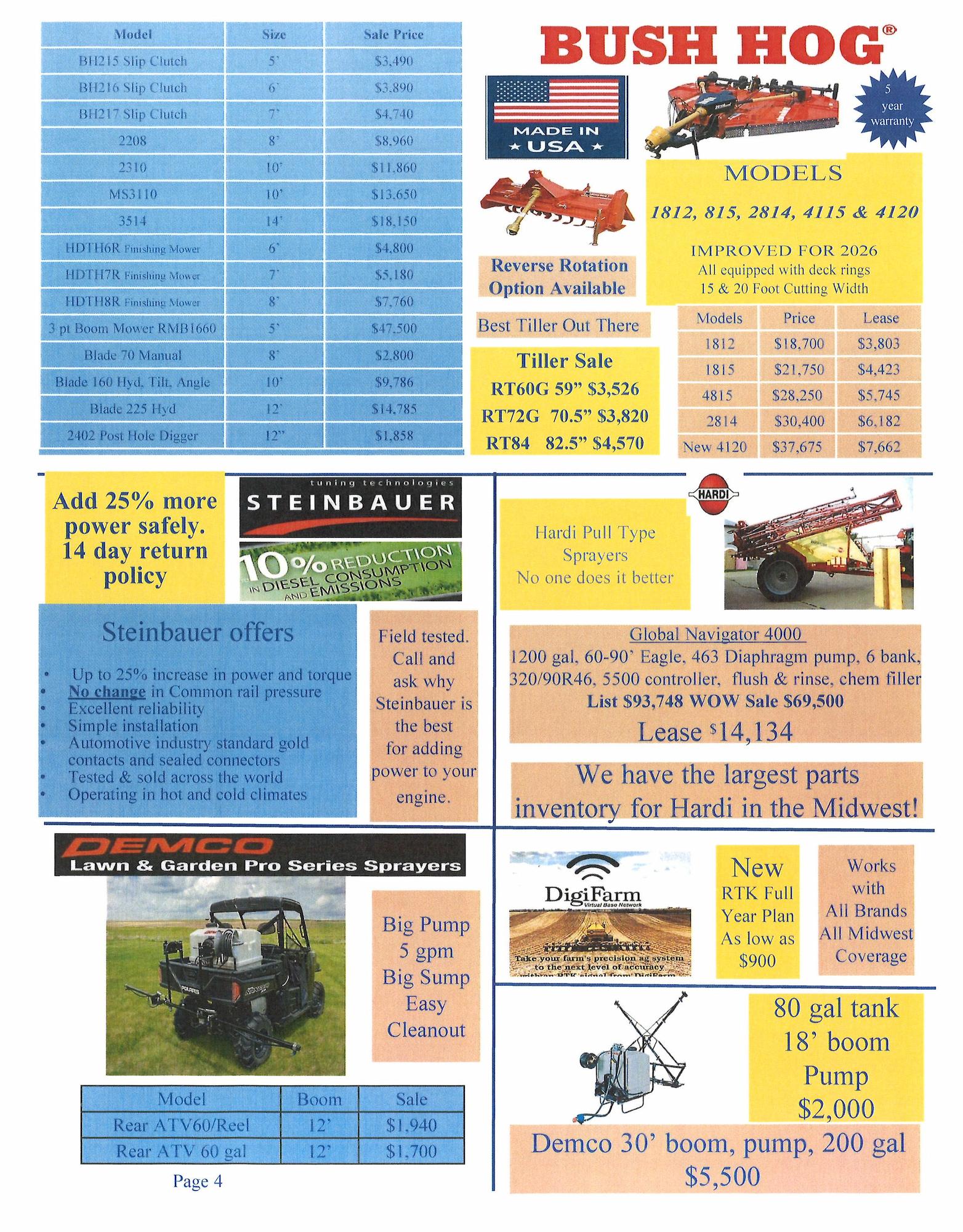 Bush Hog and agricultural equipment sales flyer featuring rotary tillers models 1812, 1815, 2814, 4115, and 4120 with pricing and lease options, Steinbauer diesel performance tuning, Hardi pull‑type sprayers, Demco lawn and garden sprayers, DigiFarm RTK navigation, skid loader attachments, augers, concrete mixer, and farm supply specials.