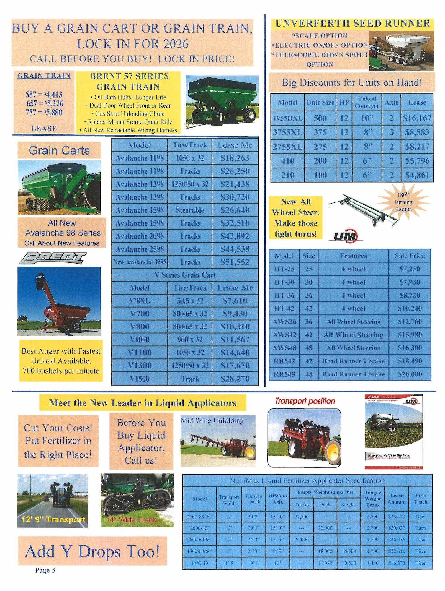 Agricultural equipment sales flyer highlighting Brent grain carts and grain trains, Unverferth Seed Runner seed tenders, All Wheel Steering tool bars, NutriMax liquid fertilizer applicators, liquid applicator specifications and pricing, augers, transport options, and fertilizer efficiency promotions with lease pricing tables.