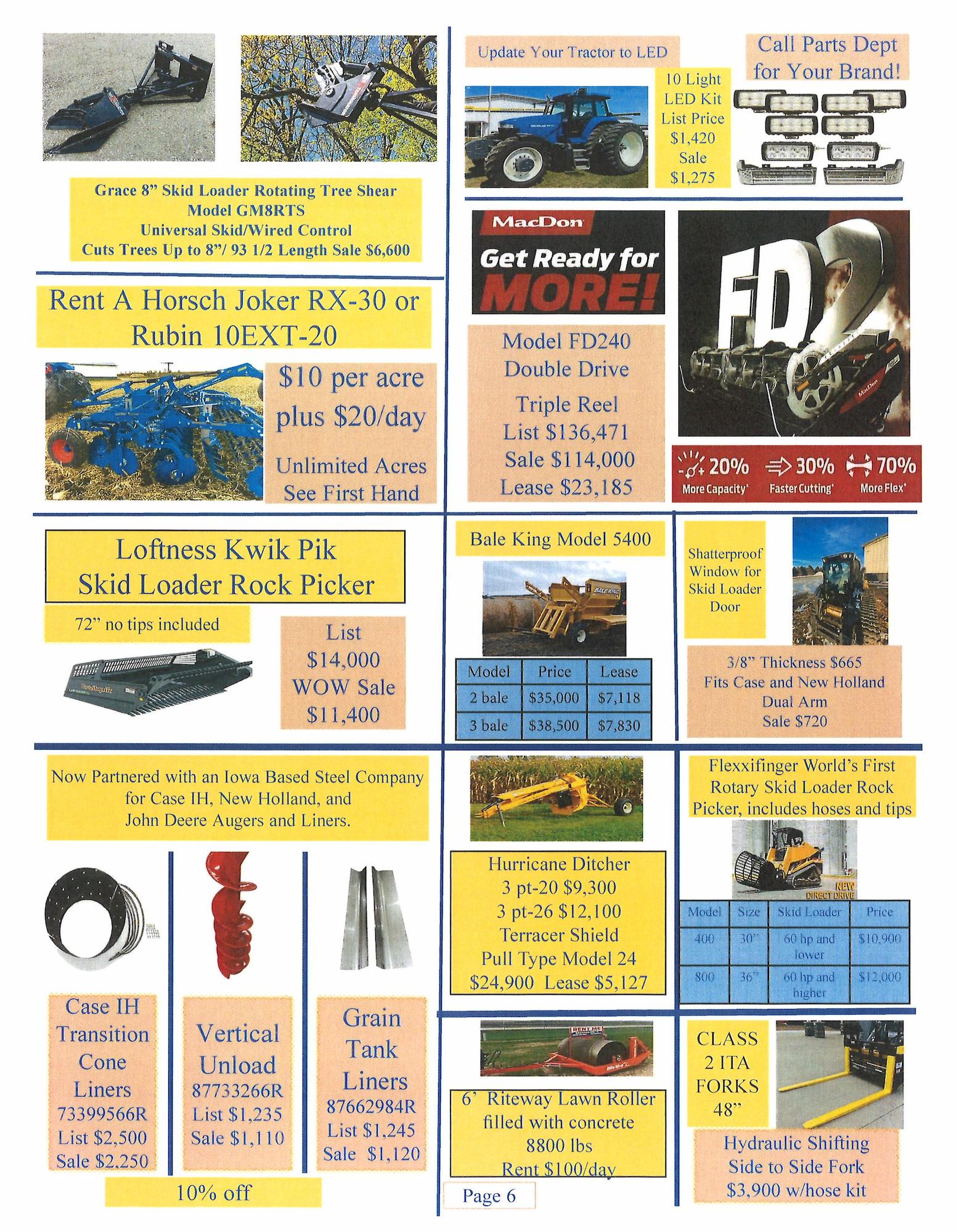 Agricultural equipment and attachment sales flyer featuring skid loader tree shear, Horsch Joker RX‑30 and Rubin 10EX tillage rental, MacDon FD240 draper header, Loftness Kwik Pik rock picker, Bale King 5400 bale shredder, augers, grain tank liners, vertical unloads, ditchers, concrete‑filled roller rental, hydraulic pallet forks, and multiple skid loader attachments with pricing and lease options.