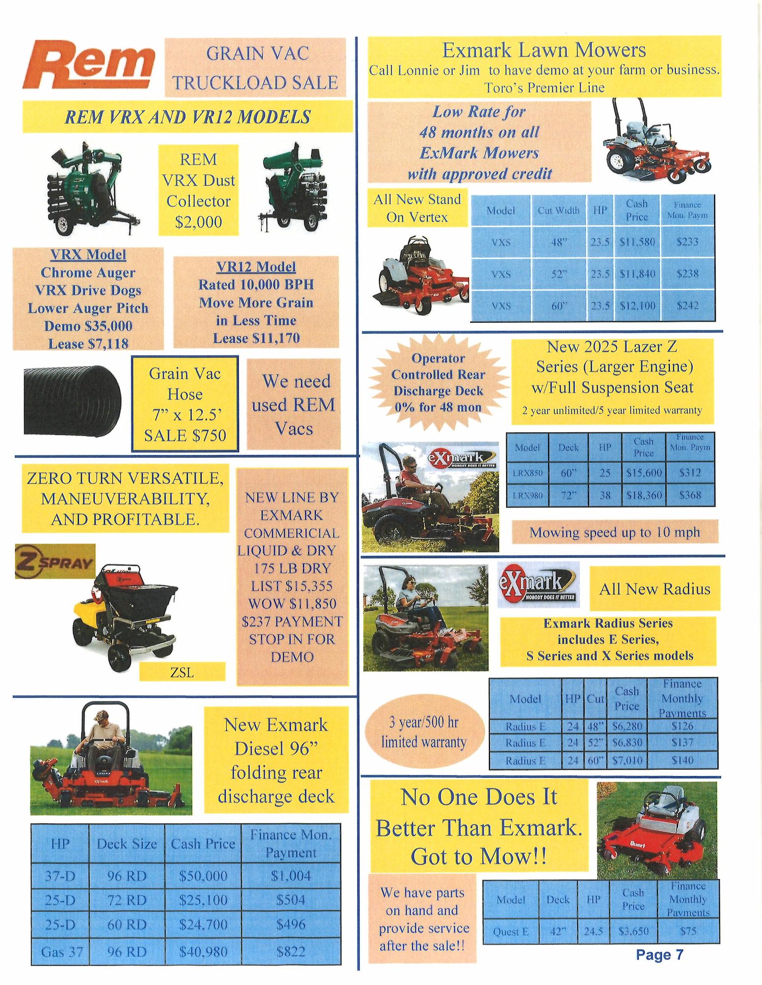Agricultural equipment sales flyer featuring REM VRX and VR12 grain vac systems, Exmark zero‑turn mowers including Lazer Z and Radius series, commercial mowing equipment with deck options and pricing, 2‑Spray applicator, mower attachments, grain vac hoses, and lease and financing details.