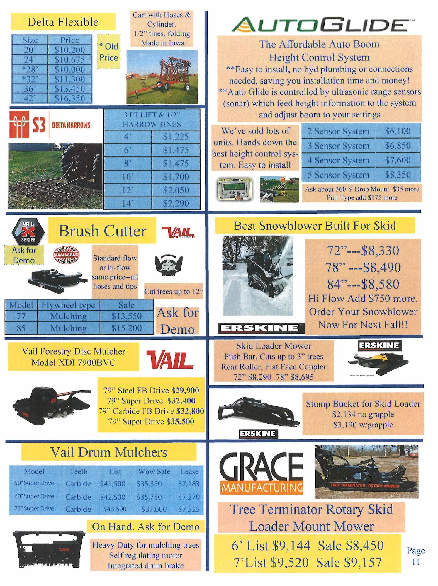 Agricultural equipment and attachment sales flyer featuring AutoGlide boom height control systems, Erskine skid loader snowblowers and attachments, Grace Manufacturing Tree Terminator rotary mower, Vail disc mulchers and drum mulchers, brush cutters, stump buckets, pull‑type carts, harrows, cylindrical rollers, and forestry skid loader tools with pricing and demo availability.