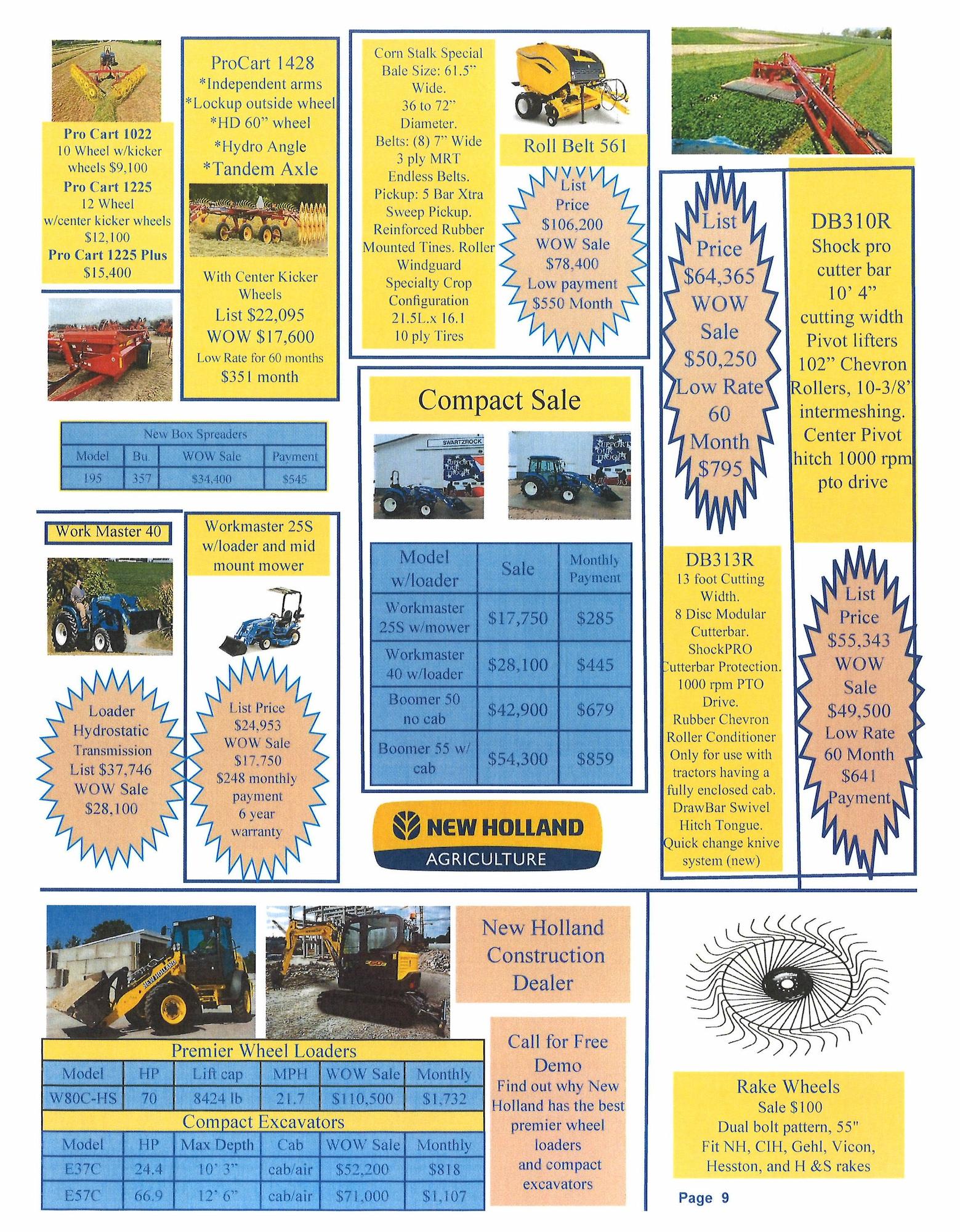 New Holland Agriculture and construction equipment sales flyer featuring ProCart hay carts, Roll‑Belt 561 round baler, Workmaster 25S and 40 tractors, DB313R and DB310R discbines, compact wheel loaders, compact excavators, hydrostatic transmissions, rake wheels, and loader implements with pricing, lease options, and promotional specials.